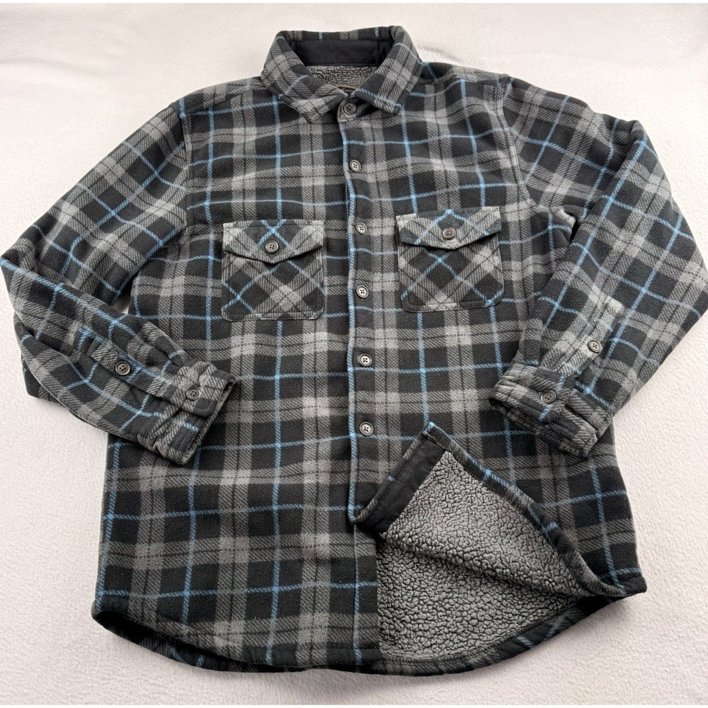 Freedom Foundry Sherpa Lined Fleece Shirt Mens M Black Gray Blue Plaid